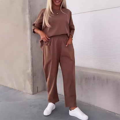 Solid Color Casual Top & Pants with Pockets Set